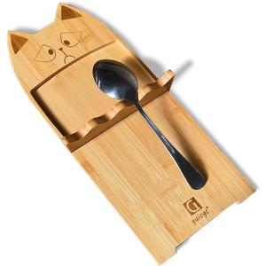 Cat-shaped Bamboo Spoon Tray with Drip Chute, Spoon Rest for Stove Top for Spoons, Coffee Spoon, Ladles, Tongs & More (Long)