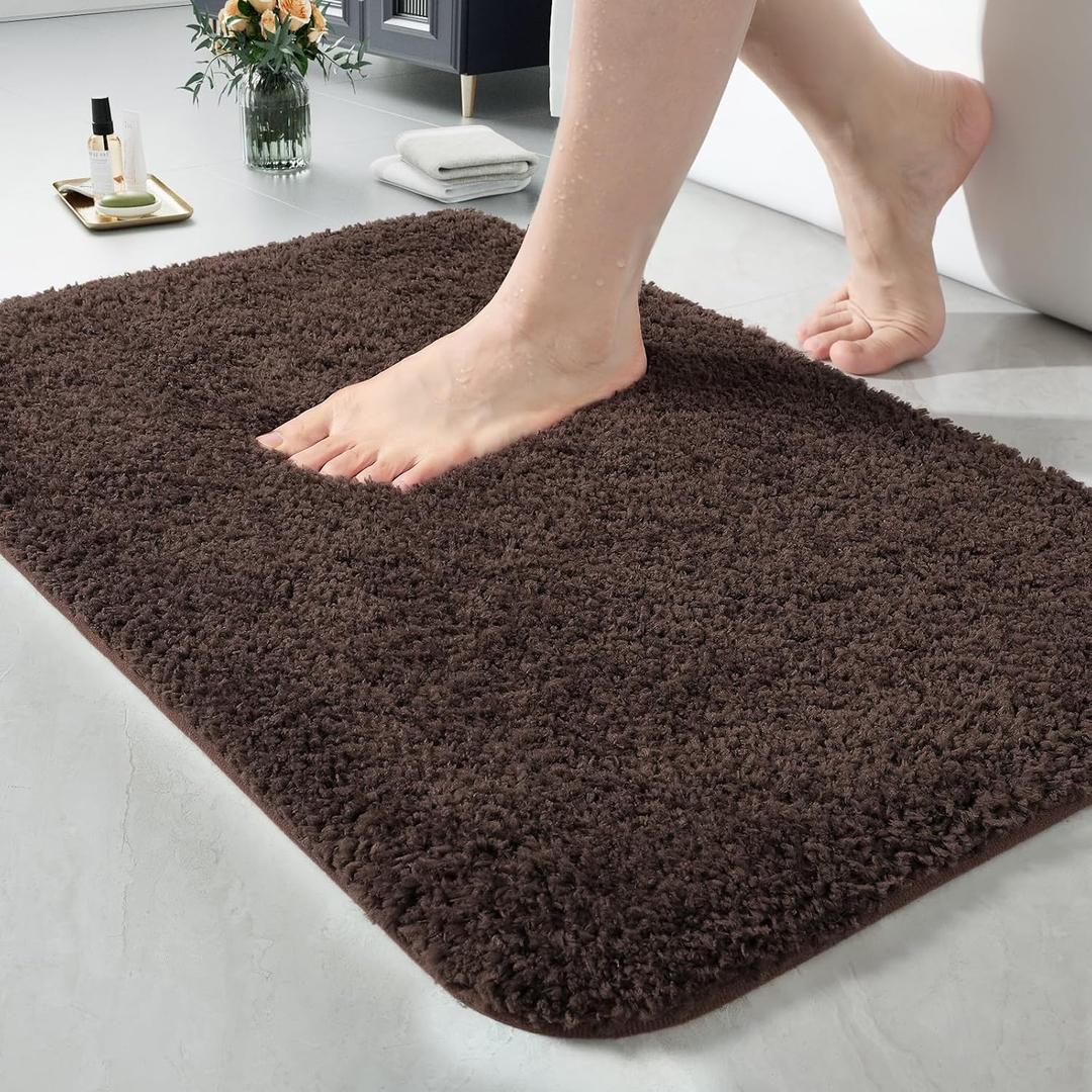 LOCHAS Bathroom Rug 24x17 Inch, Soft Thick Absorbent Microfiber Bath Rugs for Bathroom, Machine Washable, Shaggy Plush Non Slip Bath Mat for Tub, Shower Floor, Quick Dry Mats, Brown