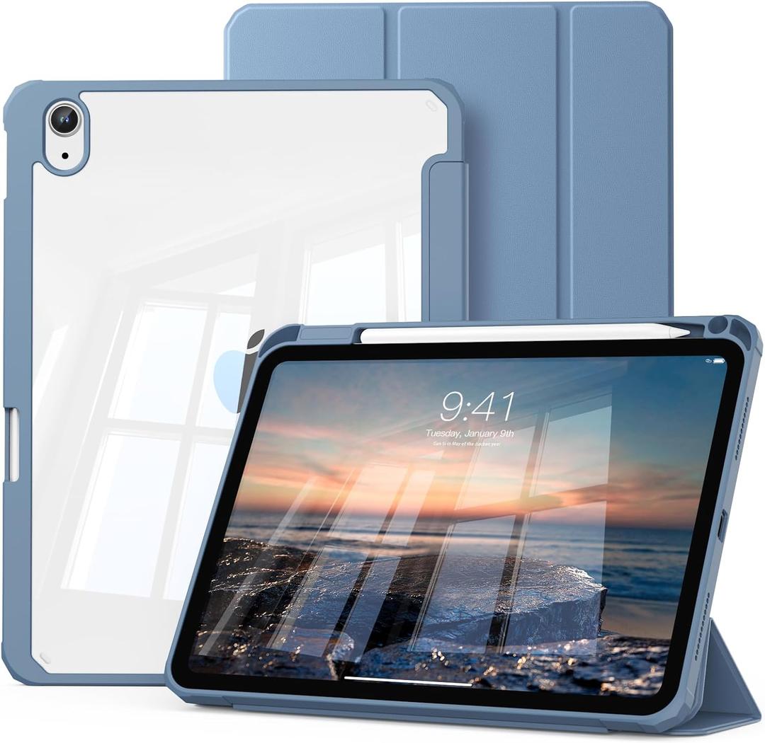 Ipad 10.9 Inch 2022 with Pencil Holder, Trifold Stand Protective Cover, Hard PC Clear Back, Auto Wake/Sleep, Haze Blue