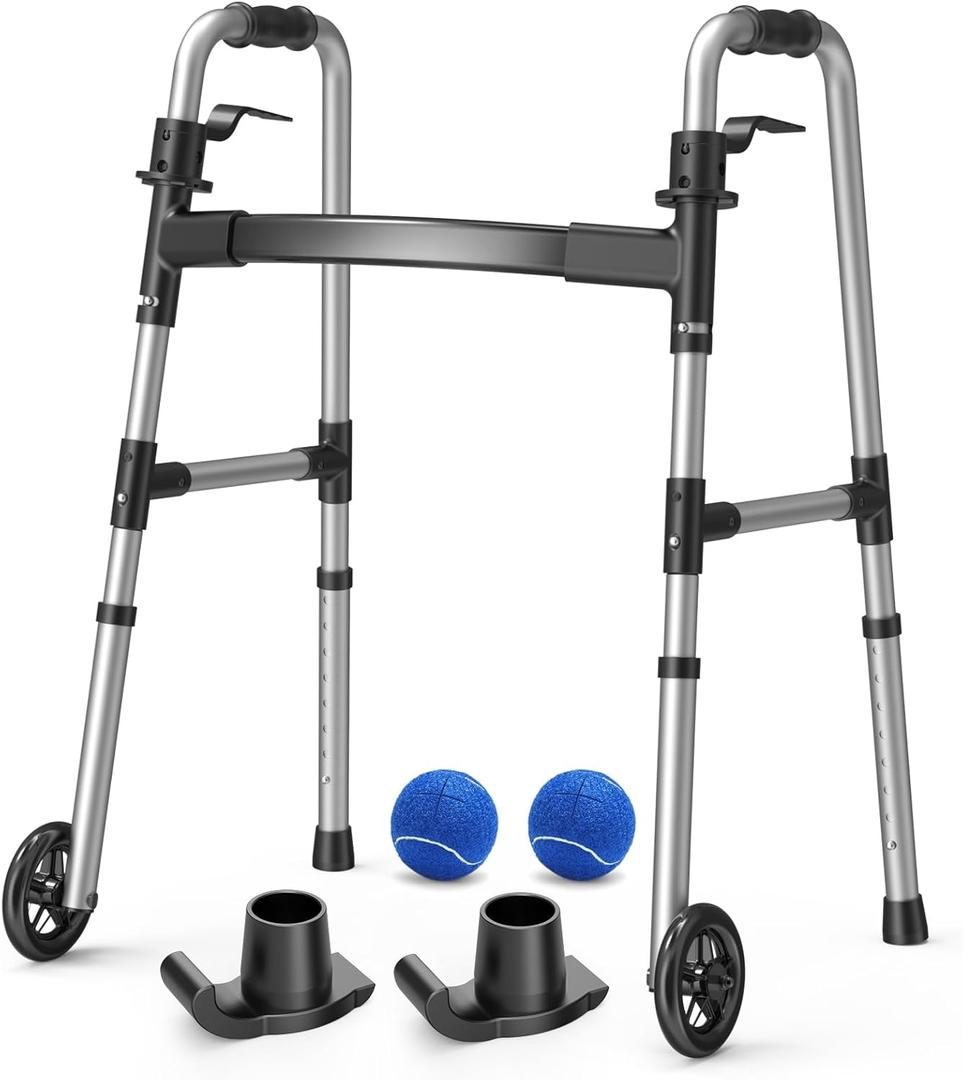 Folding Walker with 2 Precut Tennis Balls, 5" Wheels Lightweight Walkers for Seniors and Adults, Supports Up to 350 Pounds, Adjustable Height, Compact Standard Walker, Black Walker With Balls