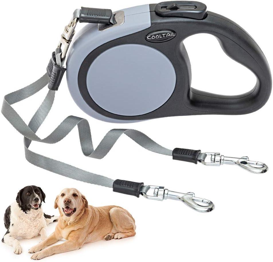 KOOLTAIL Dual Retractable Dog Leash for Two Dogs Up to 110 Lbs, Heavy Duty Double Headed 16 ft Extendable 360 Tangle-Free One Button & Lock Brake Dog Leash for Small Medium Large Dogs, Grey