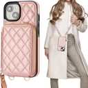 Bocasal Crossbody Wallet Case for iPhone 15, RFID Blocking PU Leather Zipper Handbag Purse Flip Cover, Kickstand Folio Case with Card Slots Holder Wrist Strap Lanyard 5G 6.1 Inch (Rose Gold)