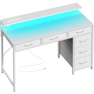 Huuger Gaming Desk with 6 Drawers, Computer Desk with LED Lights Power Outlets and Type-C, 39 Inch Office Desk with Storage, Monitor Stand, Writing Desk Work Desk Home Office, Bedroom, Study, White