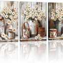 WENGTIAO 3Pcs Rustic Daisy Canvas Wall Art Fall Flower Prints Posters Vintage Country Flora Paintings Pictures Nature Botanical Artwork for Bedroom Living Room Bathroom16x24