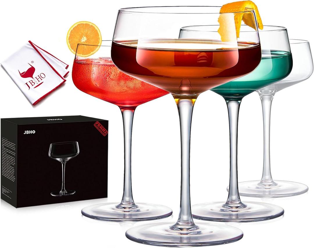 JBHO Martini Glasses, Crystal Coupe Glasses Set of 4, 10 Oz, Large and Fancy Cocktail Glasses, Hand-Blown Champagne Coupe Glasses for Espresso Martini, Manhattan as Bar Glassware or Mother's Day Gift
