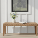 Outdoor Rattan Backless Bench, All-Weather Wicker & Solid Acacia Wood, Upholstered Premium Garden Bench with Woven Rattan Seat and Thick Outdoor Cushion for Patio, Porch, Living Room or Entryway