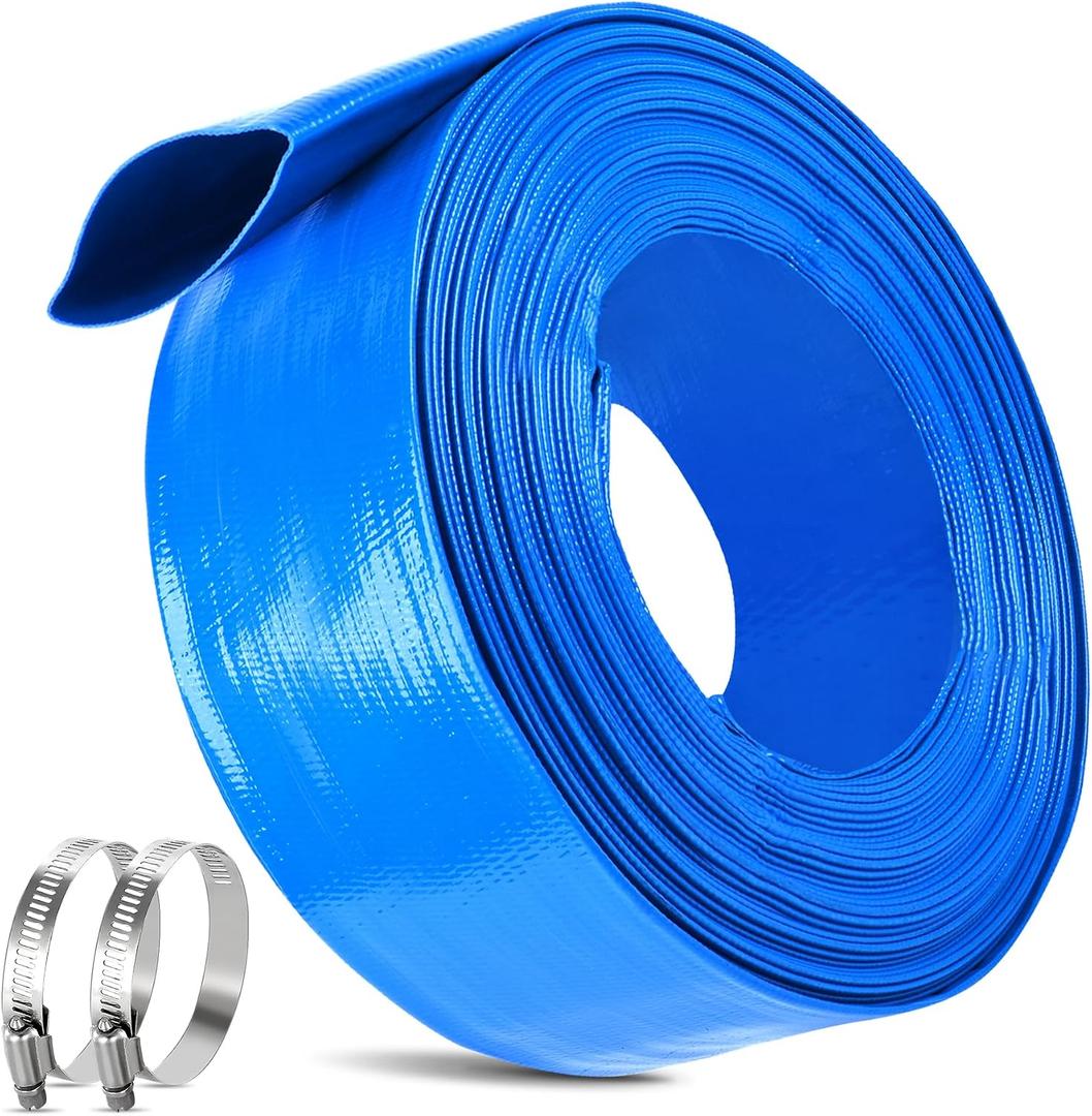 MYFAMIREA 2.5 IN x 30 FT Pool Backwash Hose Heavy Duty Drain Discharge Double PVC Layflat Hose with 2 Clamps, Weatherproof Burst Resistant for Water Transfer, Sump Pump, Pool Filter, Drain (9.2M,Blue)