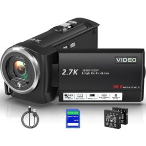 Video Camera Camcorder, QHD 2.7K 56MP 16X Digital Vlogging Camera with LED Fill Light for YouTube, 2.8'' 270 Rotation Screen Camcorder Camera with 32GB Card and Two Batteries (Black)