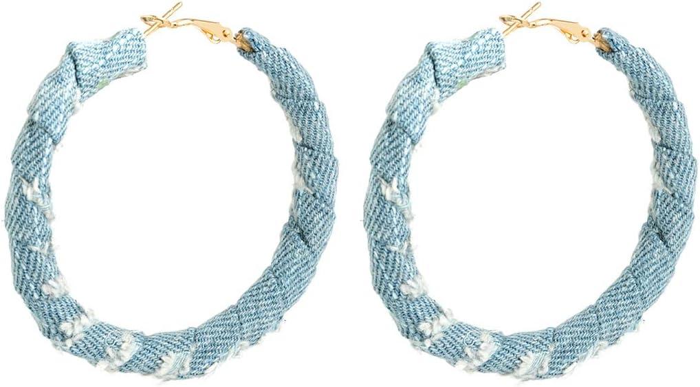 Large Big Circle Denim Hoop Earrings Round Jeans Cloth Exaggerated Cool Statement Jewelry for Women (65mm)