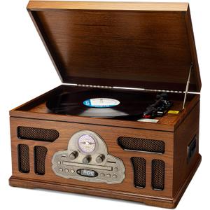 SoundBeast All-in-One Turntable with 3-Speed Record Player, Bluetooth, CD, Cassette Tape, AM/FM Radio, USB, Built-in Speakers, Handmade Wooden Exterior