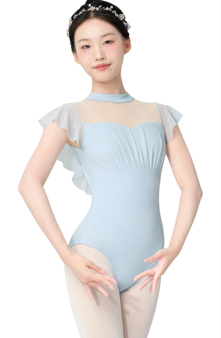 Phoeswan Ballet Leotards for Women, Women Dance Leotard Mesh with Flutter Sleeves, Turtleneck Adult Leotard for Dance 2XLA
