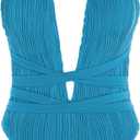 ZAFUL Women's One Piece Swimsuit Deep V Neck Ribbed Self Tie Sexy High Cut Bathing Suit Crisscross Back Swimwear (Medium, 3-blue)