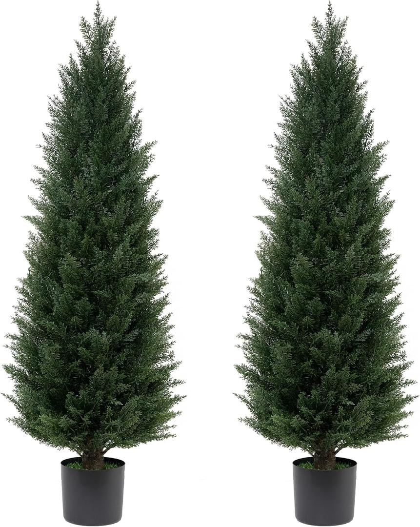 4FT Artificial Cedar Topiary Trees UV Resistant Potted Plant Set of 2 Faux Pine Trees Fake Shrubs Artificial Plants for Front Porch Garden Indoor Outdoor (Green)