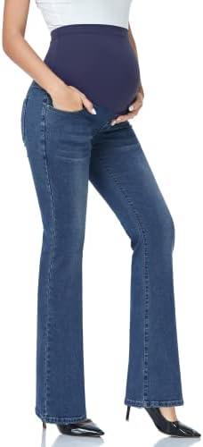 GLAMIX Women's Stretch Maternity Bootcut Jeans with Pockets Over The Belly Bell Bottoms Flare Denim Pants Pregnancy Clothes Large