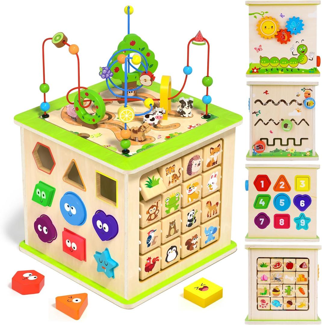 ATOYUS Wooden Activity Cube, 6-in-1 Montessori Toys for 1+ Year Old Toddler, Large size