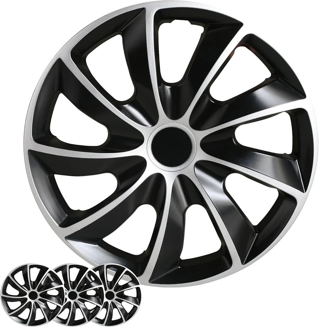 Shirry Group Hubcaps 4-Pack Kit, 17 inch Hub Caps Set of 4 Wheel Covers with Universal Snap-On Retention Rings, 2-Tone ABS Plastic Black and Silver Car Rims for All Models (SG-5084-DP-17)
