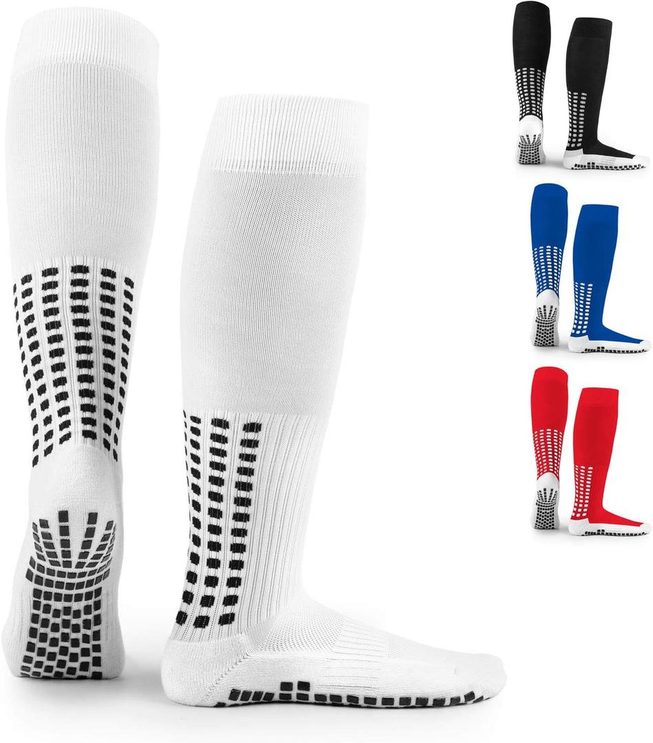 LUX Anti Slip Soccer Knee Socks,Non Slip Football/Basketball/Hockey Sports Grip Socks (White)