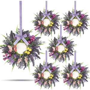 6 Pcs Lavender Wreaths for Front Door Mini Artificial Floral Kitchen Cabinet Swags Spring Summer Candle Rings Wreath with Lavender Berries Butterflies for Year-Round Use Farmhouse Home Decorations (Purple)
