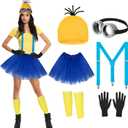6 Pcs Women's Halloween Costume Accessories Set, Goggles/Yellow Beanie/Blue Dress/Blue Suspenders/Gloves/Yellow Stockings