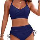 Blooming Jelly Womens High Waisted Bikini Sets Drawstring Tummy Control Swimsuits Crisscross Tie Back Bathing Suit (Medium)