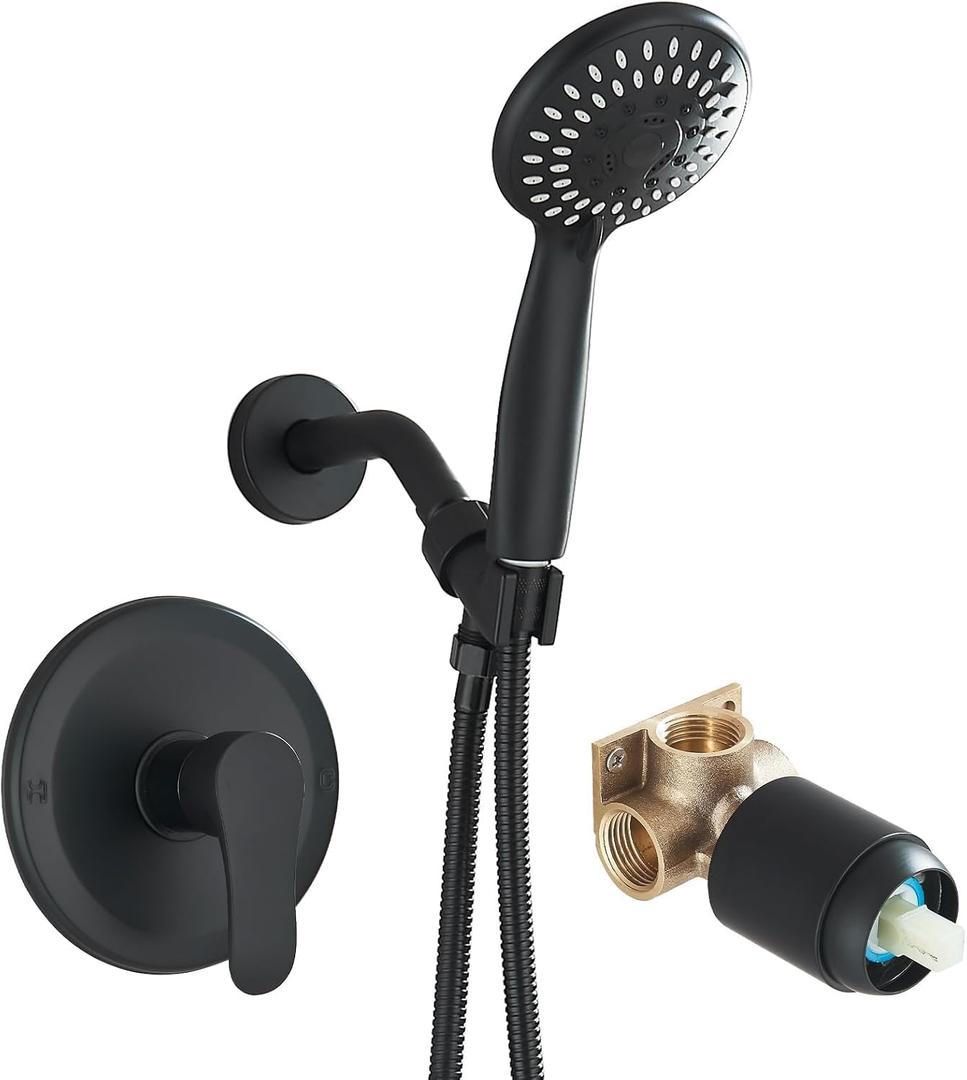 Single-Handle Shower Faucet Set Shower Kit with Valve Shower Head and Handle Set Shower Trim Kit with 6 Modes ABS Handheld Shower and Trim Kit Matte Black