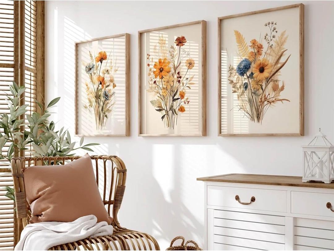 Botanical Floral Wall Art Set of 3 Vintage Wildflower Canvas Wall Decor Watercolor Rustic Farmhouse Wall Art Aesthetic Botanical Pictures Vintage Floral Prints for Room Bedroom 16x24 Inch Unframed (24L" x 16W")