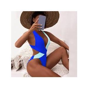 ShawGobow Sexy One Piece Swimsuit,Plunge Backless Color Block Swimsuits for Women,High Cut Scrunch Butt Monokini Beach Pool, L