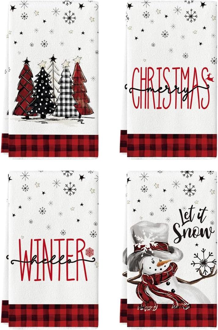 Artoid Mode Red Black Buffalo Plaid Snowman Xmas Trees Christmas Kitchen Towels Dish Towels, 18x26 Inch Daily Seasonal Winter Decoration Hand Towels Set of 4