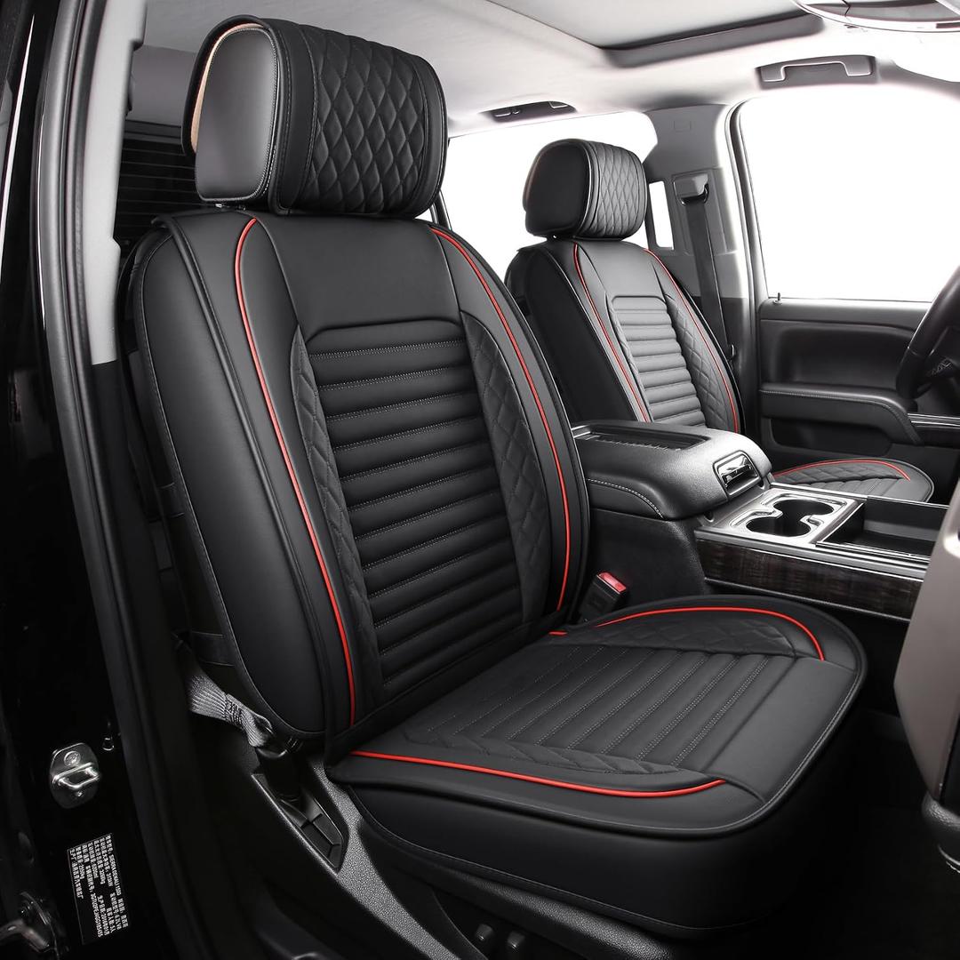 JOJOBAY Chevy Silverado Seat Covers,GMC Sierra Seat Covers,Custom Fit 2007-2025 1500 2500HD 3500HD Crew Double Extended Regular Cab,LT LZT RST Trail Boss(Front Pair,Black Red)