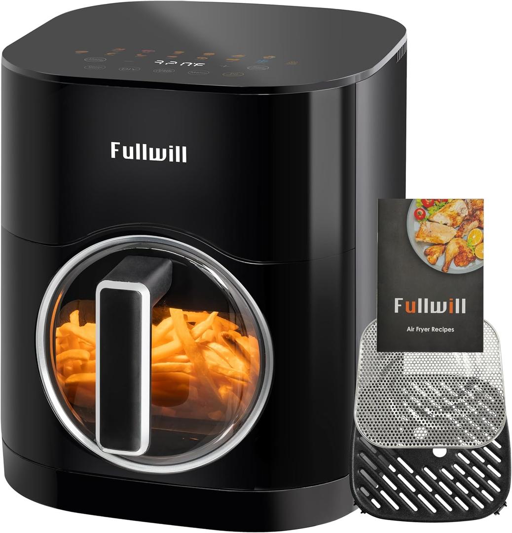 Fullwill Vision Pro 6QT Air Fryer with Viewing Window,Base and Upper Heating,12 Presets for Chicken Wings,Steak,Fries,Pizza and More,Non-Stick and PFOA-Free,Fast and Oil Free Cooking for Healthy Meals