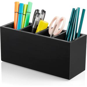 Pencil Pen Holder for Desk, Wooden Office Desk Organizers and Accessories with 4 Slots for Countertop, Makeup Brush Holder Organizer for Bathroom Vanity, Silverware Caddy for Party, Black