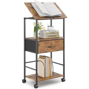 HOMEKOKO 3-Tier Bookshelf with Adjustable Flip Top, Living Room Industrial Movable Bookcase, Rustic Book Shelf with Drawer, Wood-Metal Rustic Bookshelves (Rustic Brown)