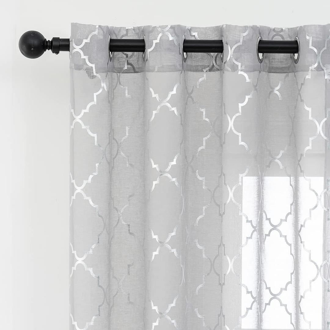 Kotile Silver Sheer Curtains 95 Inches Long 2 Panels Metallic Moroccan Ogee Pattern Silver Grey Sheer Curtains for Living Room, Grommet Light Filtering Privacy Sheer Window Curtains, W52 x L95 Inch