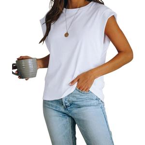 Women's Cap Sleeve Tank Top Crew Neck T Shirts Loose Fit Basic Summer Casual Tee Tops (Large)
