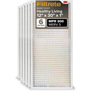 Filtrete 12x30x1 Air Filter, MPR 300, MERV 5, Clean Living Basic Dust 3-Month Pleated 1-Inch Air Filters, 6 Filters