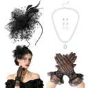 Fascinators Hats for Women Black Tea Party Veil Mesh Headband and Glove Set with Pearl Jewelry Kentucky Outfits Vintage Party Derby Hats for Weddings Cocktail Church