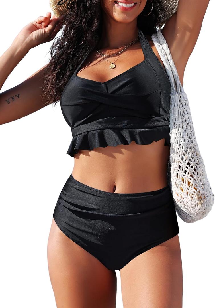 ZAFUL Womens Two Piece Vintage Swimsuit Push Up High Waisted Bikini Sets Tummy Control Bathing Suit Halter Retro Swimwear (Medium, Black)