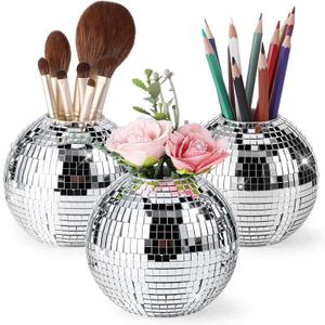 1 Pcs 4 Inch Disco Ball Pencil Pen Holder for Desk Decor Sequin Plastic Makeup Brush Organizer Disco Flower Vase Silver Table Centerpieces for Office Home Classroom Party