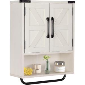 RUSTOWN Farmhouse Wall Storage Cabinet with Two Barn Door, Rustic Mounted Medicine Cabinet with Adjustable Shelf and Towel Bar, 3-Tier Wood Cabinet for Kitchen, Bathroom, Living Room (Washed Oak) (Vintage White)