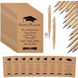 Kosiz 60 Pcs Graduation Gifts Motivational Mini Journal Inspirational Bamboo Pen Kraft Notebooks Bulk Wooden Retractable Ballpoint Pen for Class of 2025 College Gifts (Wooden)