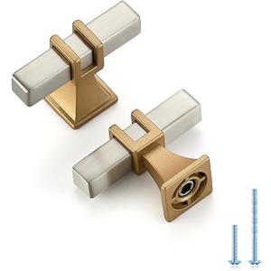 10 Pack 2 inch Brushed Nickel&Gold Cabinet Handles Square Zinc-Alloy Pulls for Kitchen Dresser Closet and Bathroom Cabinets Hardware (Single Hole)
