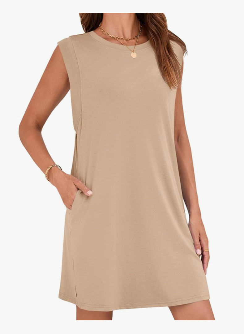 Wenrine Womens Summer Mini Dress Casual Loose Sleeveless Crewneck Slit Basic T Shirt Dresses with Pockets, Size -2XL