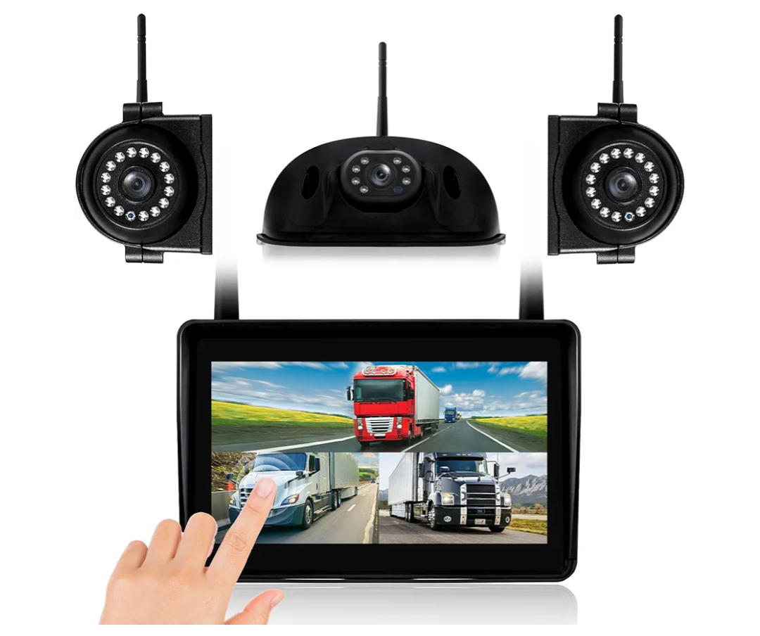 3-Camera Wireless RV Backup System, 7" 1080P Touch Screen with 1 Rear Camera for Furrion Pre-Wired Plug and 2 Side Cameras, IP69 Waterproof, IR Night Vision Camera for RV Trailer, WF703