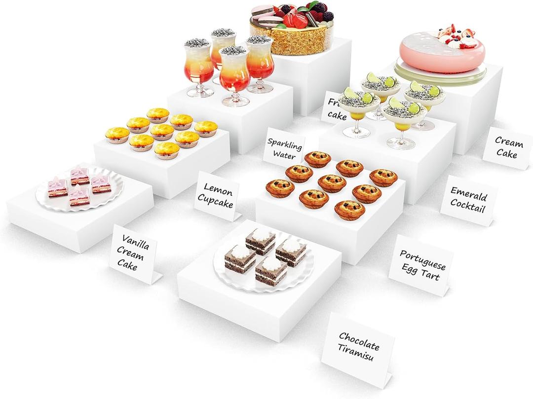 8 Pcs Buffet Risers, Food Risers for Buffet Table, Food Display Stand for Party Catering Dessert Jewelry Collectibles Figures Show, White Acrylic Cube Boxes Nesting Risers with Hollow Bottoms 2 Set(6"6.5"7"8")