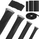 Tatuo 65.6 ft Expandable Braided Cable Sleeve Multi Size Braided Wire Sleeve with 120 Pcs Heat Shrink Tubing for Television Audio Computer Cables Video Pets, 1/4 in, 2/5 in, 1/2 in, 3/4 in(Black)