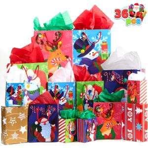 JOYIN 36 Pcs Christmas Bags with Tissue Papers and Tag, Assorted Sizes Set for Wrapping Xmas Holiday Presents, Thanksgiving Gift Decoration, Present Wrapping, School Classrooms, Party Favors