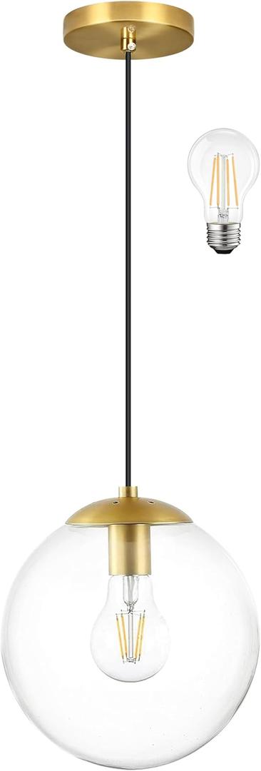 KoKo&Yukina 8 Inch Globe Pendant Lighting for Kitchen Island Mid Century Modern Hanging Light Fixture with Clear Globe Glass Gold Brass Hanging Ceiling Lights for Sink Bathroom Entryway (Bulb Incl.)