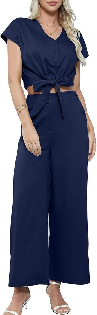 Gardenwed Women's Two Piece Outfit Set, Short Sleeve V Neck Crop Top with Tie Front and Wide Leg Pants (Blue, L)