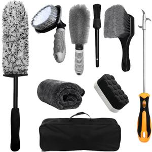 9Pcs Car Wheel Brush Kit with Storage Bag, Wheel Cleaning Brush, Microfiber Tire Brush, Car Detailing Brush, Rim Cleaner Brush, Tire Shine Applicator, Soft Towel, Stone Hook
