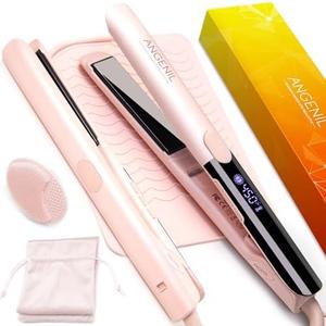ANGENIL Flat Iron Hair Straightener and Curler 2 in 1, Titanium Dual Voltage Pink Hair Straightener, Anti-Scald Silicone Ionic Flat Iron with Heat Resistant Silicone Mat and Facial Cleansing Brushes